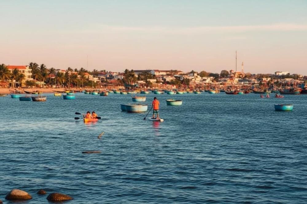 Chèo thuyền trên biển là trải nghiệm không thể bỏ qua khi ghé thăm làng chài Mũi Né.